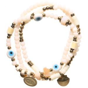 Lot de 3 bracelets élastiques composés de perles en acier doré, de perles de couleur rose, de perles cylindriques en caoutchouc de couleur blanche, de perles œil de Turquie, d'une breloque coquillage et d'une pastille ronde œil de Turquie.