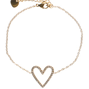 Bracelet composé d'une chaîne en acier doré et d'un cœur pavé de strass. Fermoir mousqueton avec 3 cm de rallonge.