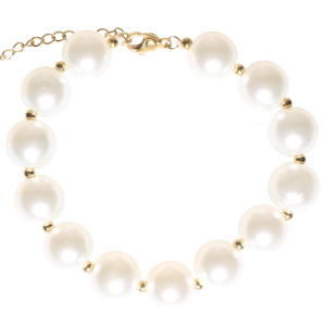 Bracelet composé d'une chaîne avec perles en acier doré et de perles d'imitation. Fermoir mousqueton avec 5 cm de rallonge.