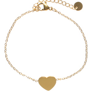 Bracelet composé d'une chaîne et d'une pastille en forme de cœur en acier doré. Fermoir mousqueton avec 3 cm de rallonge.