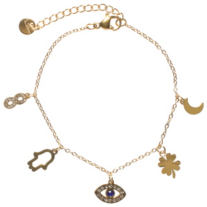 Bracelet composé d'une chaîne en acier doré et de pendants breloques en forme de croissant de lune, de trèfle à quatre feuilles, de main de fatma, du symbole infini et d'œil de Turquie en acier doré pavés pour certains de strass blancs et bleus. Fermoir mousqueton avec 3 cm.