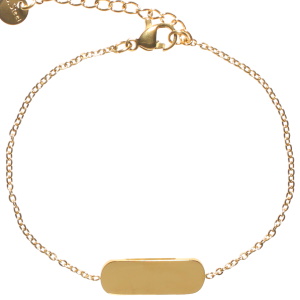 Bracelet composé d'une chaîne et d'une pastille rectangulaire arrondie en acier doré. Fermoir mousqueton avec 3 cm de rallonge.
