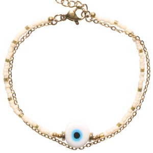 Bracelet double rangs composé d'une chaîne en acier doré, ainsi q'une chaîne de perles cylindriques en acier doré et de couleur blanche avec une pierre ronde représentant un œil de Turquie. Fermoir mousqueton avec 2 cm de rallonge.
