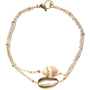 Bracelet double rangs composé d'une chaîne avec un coquillage cauri en acier doré, ainsi qu'une chaîne en acier doré avec un coquillage. Fermoir mousqueton avec 3 cm de rallonge.