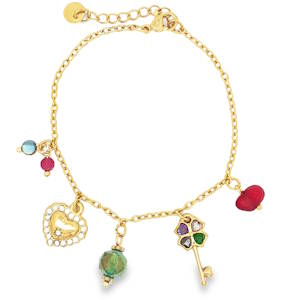 Ce charmant bracelet en acier doré est orné de breloques captivantes. Les cristaux taille cabochon ajoutent une touche de couleur riche et vibrante. Avec son design délicat et élégant, ce bracelet est un accessoire parfait pour toutes les occasions, apportant une note de sophistication à votre style personnel. Fermoir mousqueton avec 3 cm de rallonge.