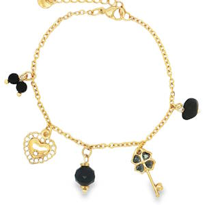 Ce bracelet à breloques en acier doré offre une esthétique charmante et sophistiquée. Chaque breloque, soigneusement disposée, apporte une touche d'originalité et de personnalité au bijou. Idéal pour ajouter une note délicate à votre tenue quotidienne ou pour une occasion spéciale. Fermoir mousqueton avec 3 cm de rallonge.