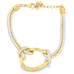 Rehaussez votre style avec ce bracelet en acier doré exquis et avec un cordon brillant. Son design entrelacé unique attire le regard, tandis que le fermoir sécurisé assure un port confortable. Parfait pour ajouter une touche d'éclat à votre tenue quotidienne ou pour compléter une occasion spéciale. Un bijou raffiné qui témoigne de votre élégance. Fermoir mousqueton avec 3 cm de rallonge.