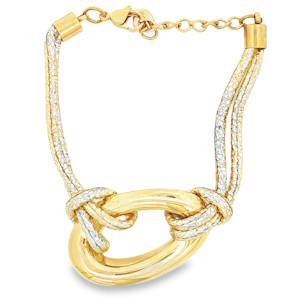 Ce bracelet chaîne en acier doré avec un cordon brillant incarne l'élégance avec une touche d'audace. Sa conception complexe et son éclat chaleureux en font un accessoire idéal pour rehausser votre style. Portez ce bijou distinctif pour exprimer votre individualité avec raffinement et subtilité. Fermoir mousqueton avec 3 cm de rallonge.