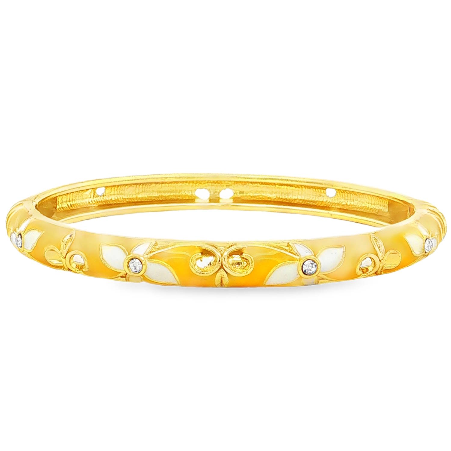 Ce magnifique bracelet jonc rigide allie le charme intemporel de l'or à la délicatesse d'un travail d'orfèvrerie minutieux. Conçu en métal finement doré, il apporte une touche lumineuse, à la fois rétro et moderne, à tous les poignets.<br/>Le corps du bracelet se distingue par son revêtement en émail translucide dans les tons jaune, laissant entrevoir par transparence de subtils reflets dorés.<br/>Il est orné d'une frise continue de motifs floraux en relief.<br/>Des fleurs à quatre pétales réalisées en émail blanc opaque, apportent un contraste doux et épuré.<br/>Le centre de chaque fleur est serti d'un petit strass de cristal transparent, captant la lumière à chacun de vos mouvements. Jonc Strass Adolescent Adulte Eté Femme Fille Fleurs Nature Printemps Ce magnifique bracelet jonc rigide allie le charme intemporel de l'or à la délicatesse d'un travail d'orfèvrerie minutieux. Conçu en métal finement doré, il apporte une touche lumineuse, à la fois rétro et moderne, à tous les poignets.<br/>Le corps du bracelet se distingue par son revêtement en émail translucide dans les tons jaune, laissant entrevoir par transparence de subtils reflets dorés.<br/>Il est orné d'une frise continue de motifs floraux en relief.<br/>Des fleurs à quatre pétales réalisées en émail blanc opaque, apportent un contraste doux et épuré.<br/>Le centre de chaque fleur est serti d'un petit strass de cristal transparent, captant la lumière à chacun de vos mouvements. Jonc Strass Adolescent Adulte Eté Femme Fille Fleurs Nature Printemps