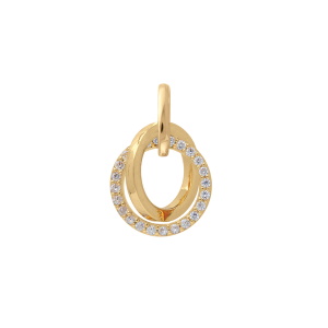 Pendentif composé de deux cercles entrelacés en plaqué or jaune 18 carats dont un cercle pavé d'oxydes de zirconium blancs.