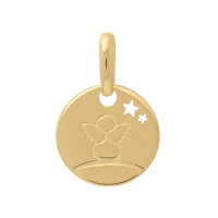 Pendentif pastille ronde en plaqué or jaune 18 carats avec la représentation d'un ange et d'étoiles ajourées.