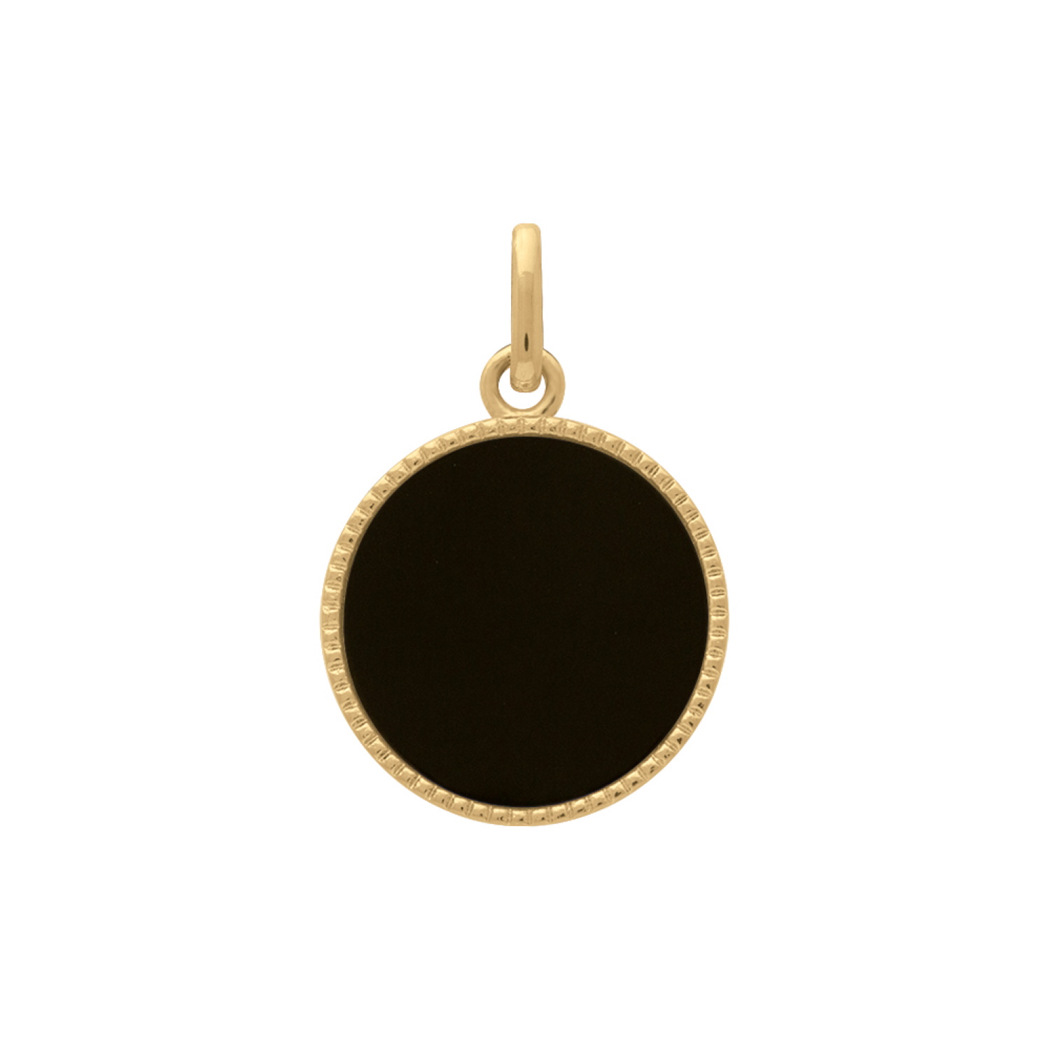 Pendentif médaille en plaqué or jaune 18 carats serti clos d'une véritable pierre de couleur noire. Rond  Adolescent Adulte Femme Fille Indémodable 