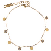 Bracelet composé d'une chaîne et pampilles rondes en acier doré et pampilles avec cristaux sertis clos. Fermoir mousqueton avec 2.5 cm de rallonge.