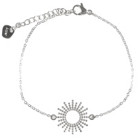 Bracelet composé d'une chaîne et d'un cercle avec rayons de soleil en acier argenté. Fermoir mousqueton avec rallonge de 3 cm.