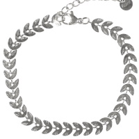 Bracelet au motif de branche de laurier en acier argenté. Fermoir mousqueton avec 3 cm de rallonge.