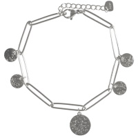 Bracelet composé d'une chaîne et de cinq pastilles rondes martelées en acier argenté. Fermoir mousqueton avec 3 cm de rallonge.