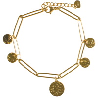 Bracelet composé d'une chaîne et de cinq pastilles rondes martelées en acier doré. Fermoir mousqueton avec 3 cm de rallonge.
