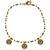 Bracelet composé d'une chaîne boules avec trois pendants en forme de marguerite en acier doré. Fermoir mousqueton avec 3 cm de rallonge.