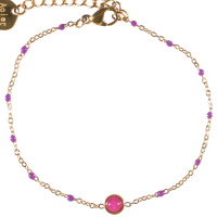 Bracelet composé d'une chaîne en acier doré, de perles en émail de couleur violette et d'une véritable pierre d'améthyste sertie clos de forme ronde. Fermoir mousqueton avec 3 cm de rallonge.