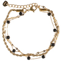 Bracelet triple rangs composé d'une chaîne torsadée en acier doré, une chaîne en acier doré, ainsi qu'une chaîne en acier doré avec des perles en véritable pierre d'agate noire. Fermoir mousqueton avec 3 cm de rallonge.