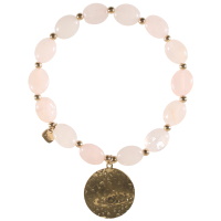 Bracelet élastique composé de perles en acier doré, des perles en véritable pierre de quartz rose et d'une pastille ronde martelée en acier doré.