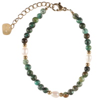 Bracelet composé de perles en acier doré, de perles de nacre et de perles en véritable pierre de pin africain. Fermoir mousqueton en acier doré avec 3 cm de rallonge.