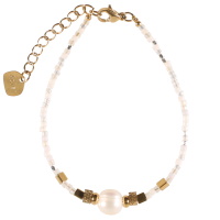 Bracelet composé de perles en acier doré, de perles miyuki multicolores et d'une perle de nacre. Fermoir mousqueton en acier doré avec 3 cm de rallonge.