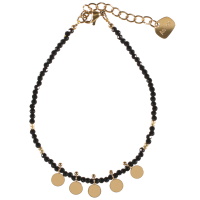 Bracelet composé de perles en acier doré, de perles en véritable pierre d'agate noire et pampilles rondes et lisses. Fermoir mousqueton en acier doré avec 3 cm de rallonge.