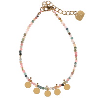 Bracelet composé de perles en acier doré, de perles en véritable pierre de tourmaline et pampilles rondes et lisses. Fermoir mousqueton en acier doré avec 3 cm de rallonge.