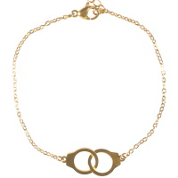 Bracelet composé d'une chaîne et d'une paire de menottes en acier doré. Fermoir mousqueton avec 3 cm de rallonge.