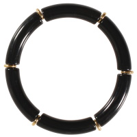 Bracelet jonc élastique composé d'un fil nylon, de perles cylindriques en acier doré et de tubes de couleur noire.