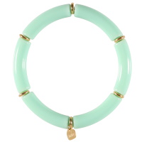 Bracelet jonc élastique composé d'un fil nylon, de perles cylindriques en acier doré et de tubes de couleur verte.