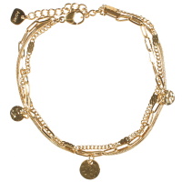 Bracelet triple rangs composé de trois chaînes de mailles différentes dont une avec pampilles rondes martelées en acier doré. Fermoir mousqueton avec 3 cm de rallonge.
