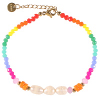 Bracelet composé de perles en acier doré, de perles multicolores et de trois perles de nacre. Fermoir mousqueton avec 3 cm de rallonge.