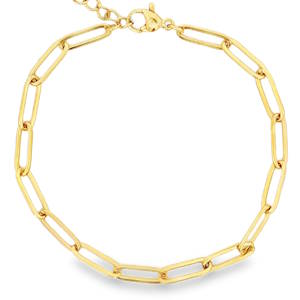 Rehaussez votre poignet avec ce bracelet chaîne en acier doré, une pièce délicate et raffinée. Ses maillons distinctifs, conçus avec précision, offrent une brillance chaleureuse et un style contemporain. Un accessoire idéal pour ajouter une touche d'éclat subtile à votre tenue. Fermoir mousqueton avec 3 cm de rallonge.