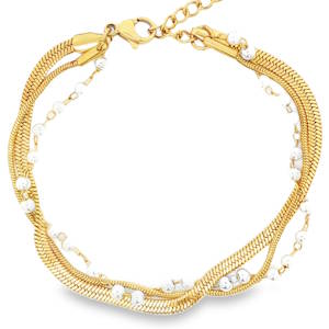 Ce bracelet triple rangs en acier doré capture l'élégance intemporelle avec une touche de modernité. Orné de perles rondes classiques, ce bijou délicat apporte une sophistication subtile à toute tenue. Idéal pour rehausser votre style quotidien ou pour une occasion spéciale. Fermoir mousqueton avec 3 cm de rallonge.
