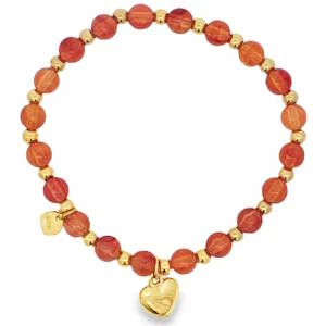 Ce bracelet élastique délicat est orné de perles orangées-rouges taillées en cabochon, révélant une transparence translucide et une clarté VS. Les perles rondes sont montées sur une structure en acier doré éclatant, formant un bijou à la symétrie équilibrée. Un cadeau idéal pour ajouter une touche de couleur et d'élégance à votre quotidien.