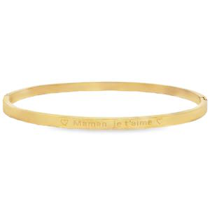 Exprimez votre amour maternel avec ce jonc en acier doré éclatant. Délicatement gravé avec les mots tendres 'Maman, je t'aime', il est le cadeau parfait pour célébrer le lien unique qui vous unit. Un bijou précieux, symbole d'affection éternelle.