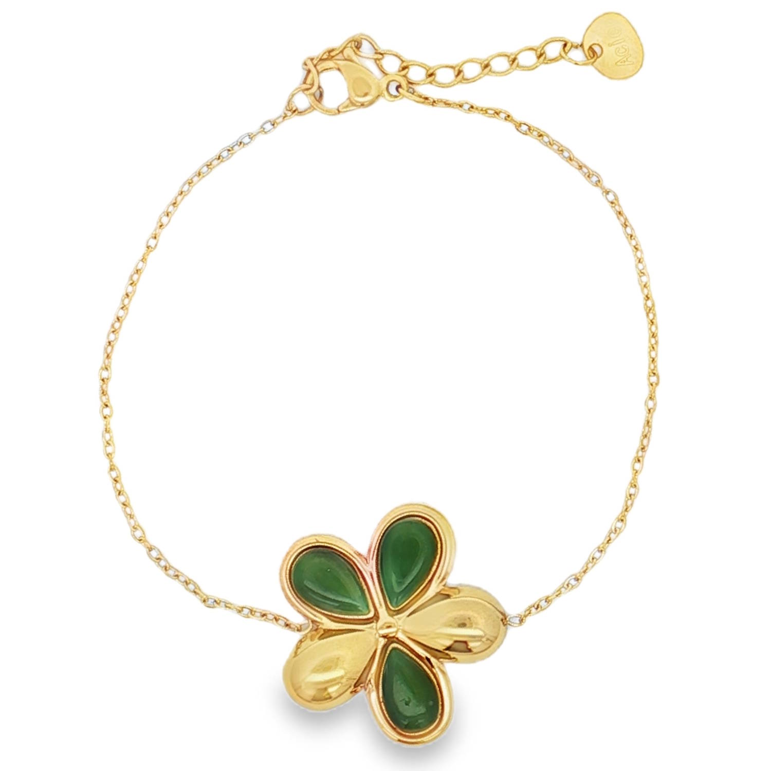 Ce délicat bracelet chaîne en acier doré est orné d'un pendentif floral serti de pierre de cymophane.<br/>Son design raffiné et sa finition soignée en font un accessoire idéal pour sublimer votre poignet avec élégance.<br/>La chaîne fine et résistante assure un confort optimal.<br/>Le fermoir ajustable permet un ajustement parfait à votre taille.<br/>Portez ce bracelet seul pour un look discret ou associez-le à d'autres bijoux pour un style plus audacieux. Adolescent Adulte Femme Fille Fleurs Indémodable Nature Ce délicat bracelet chaîne en acier doré est orné d'un pendentif floral serti de pierre de cymophane.<br/>Son design raffiné et sa finition soignée en font un accessoire idéal pour sublimer votre poignet avec élégance.<br/>La chaîne fine et résistante assure un confort optimal.<br/>Le fermoir ajustable permet un ajustement parfait à votre taille.<br/>Portez ce bracelet seul pour un look discret ou associez-le à d'autres bijoux pour un style plus audacieux. Adolescent Adulte Femme Fille Fleurs Indémodable Nature