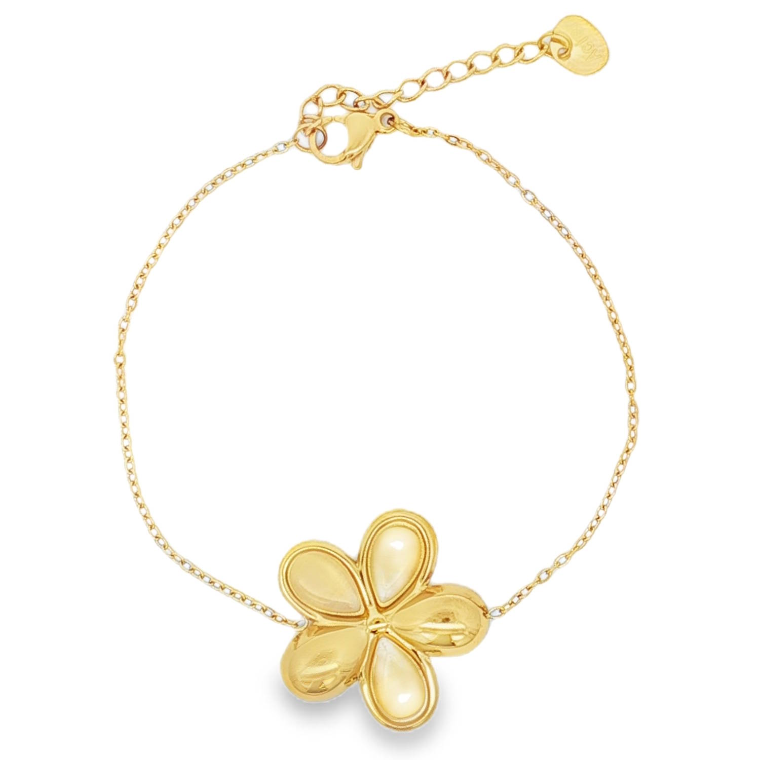 Ce délicat bracelet chaîne en acier doré est orné d'un pendentif floral serti de pierre de cymophane.<br/>Son design raffiné et sa finition soignée en font un accessoire idéal pour sublimer votre poignet avec élégance.<br/>La chaîne fine et résistante assure un confort optimal.<br/>Le fermoir ajustable permet un ajustement parfait à votre taille.<br/>Portez ce bracelet seul pour un look discret ou associez-le à d'autres bijoux pour un style plus audacieux. Adolescent Adulte Femme Fille Fleurs Indémodable Nature Ce délicat bracelet chaîne en acier doré est orné d'un pendentif floral serti de pierre de cymophane.<br/>Son design raffiné et sa finition soignée en font un accessoire idéal pour sublimer votre poignet avec élégance.<br/>La chaîne fine et résistante assure un confort optimal.<br/>Le fermoir ajustable permet un ajustement parfait à votre taille.<br/>Portez ce bracelet seul pour un look discret ou associez-le à d'autres bijoux pour un style plus audacieux. Adolescent Adulte Femme Fille Fleurs Indémodable Nature