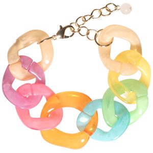 Bracelet fantaisie composé de maillons multicolores. Fermoir mousqueton avec 5 cm de rallonge en métal doré.