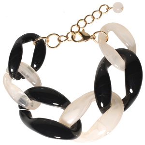 Bracelet fantaisie composé de maillons de couleur noire et blanche. Fermoir mousqueton avec 5 cm de rallonge en métal doré.