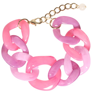 Bracelet fantaisie composé de maillons de couleur rose. Fermoir mousqueton avec 5 cm de rallonge en métal doré.