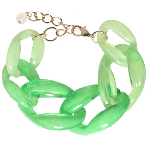 Bracelet fantaisie composé de maillons de couleur verte. Fermoir mousqueton avec 5 cm de rallonge en métal doré.