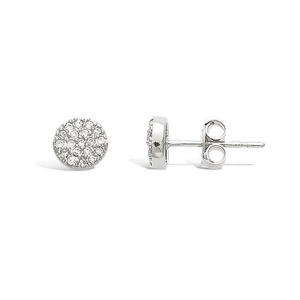 Boucles d'oreilles puces pastilles rondes en argent 925 rhodié pavées d'oxydes de zirconium blancs.