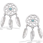 Boucles d'oreilles pendantes attrape rêve en argent 925/000 rhodié et pierres d'imitation turquoise.