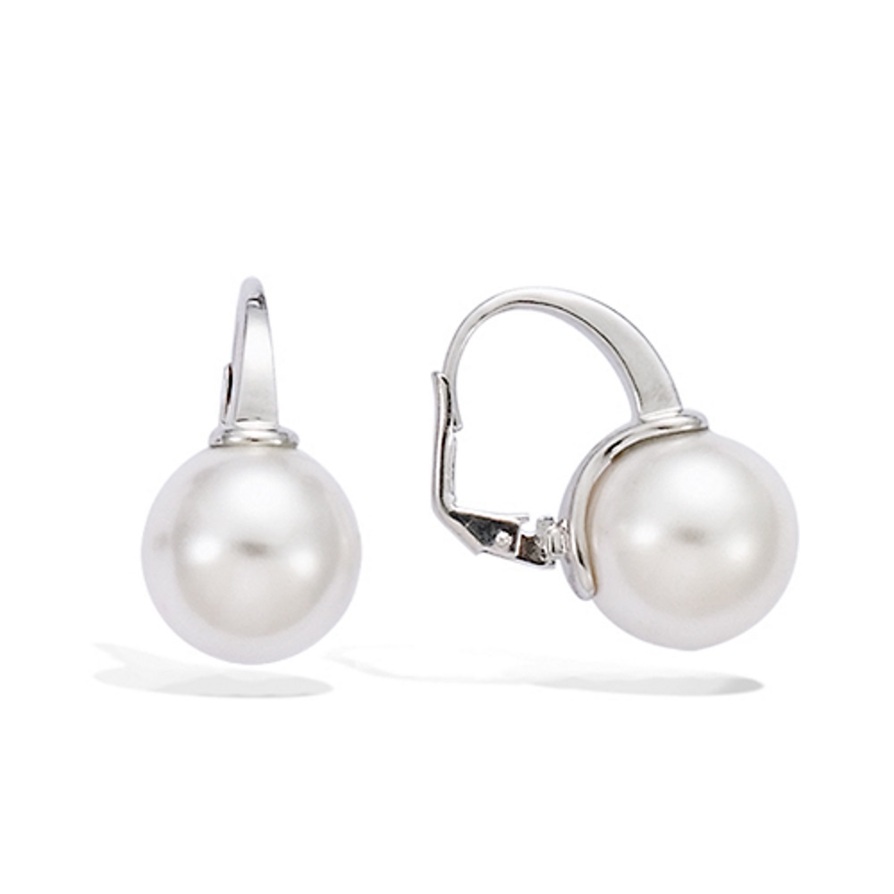 Boucles d'oreilles dormeuses pendantes en argent 925/000 rhodié et perles synthétiques. Boule Pendantes Perle Rond  Adolescent Adulte Femme Fille Indémodable 