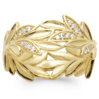 Bague couronne branche de laurier en plaqué or jaune 18 carats et certaines feuilles pavées d'oxydes de zirconium blancs.