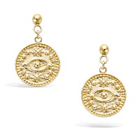 Boucles d'oreilles pendantes rondes représentant un œil de Turquie en plaqué or jaune 18 carats.