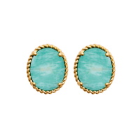 Boucles d'oreilles pendantes de forme ovale en plaqué or jaune 18 carats serties 4 griffes d'une véritable pierre d'amazonite.